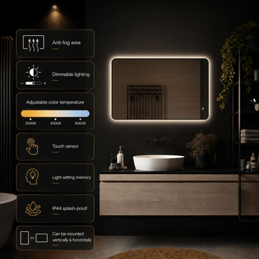 Badkamerspiegel Valencia 80×60 cm met zwarte lijst met dimbare LED en anticondens