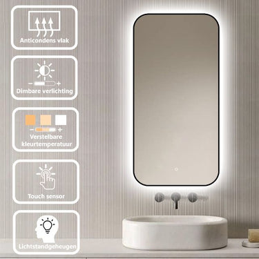 Badkamerspiegel Monaco 50×100 cm met zwarte lijst met dimbare LED en anticondens