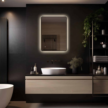 Badkamerspiegel Valencia 80×60 cm met zwarte lijst met dimbare LED en anticondens