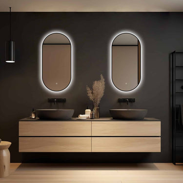 Badkamerspiegel Vienna 40×80 cm met zwarte lijst met dimbare LED en anticondens