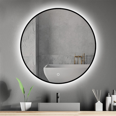 Badkamerspiegel Ilona 50×50 cm met zwarte lijst met dimbare LED en anticondens