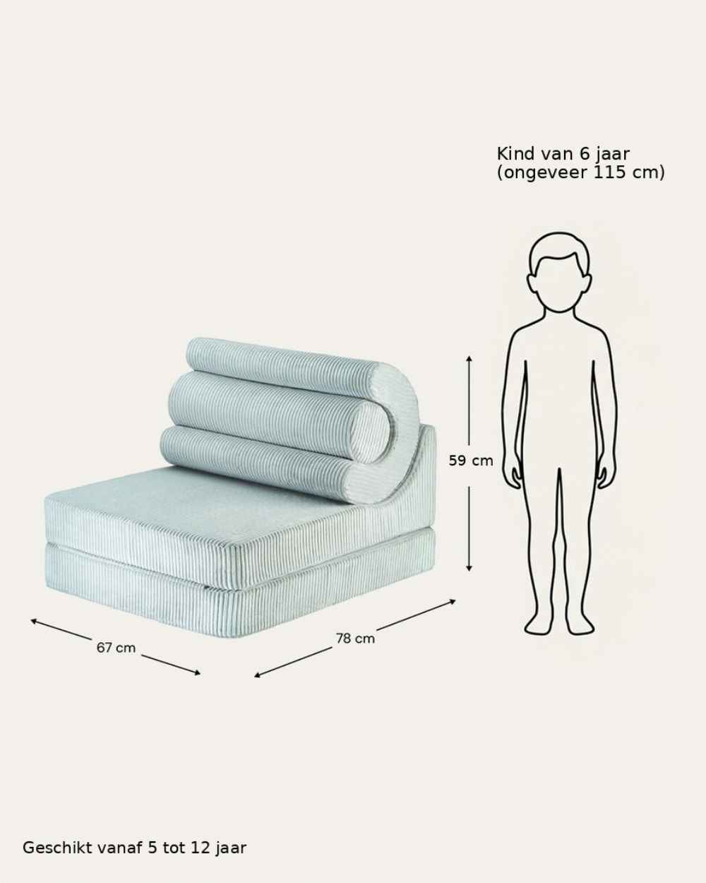 Afmetingen Wigiwama Flipster 3-in-1 Foldable Ribbed Chair Peppermint Green — naast een kind van zes
