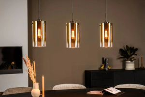 3-flammige Pendelleuchte mit goldfarbenem Glas