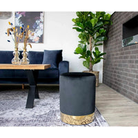 House of Nordic Zwarte fluwelen Hocker met messingkleurige metalen voet - Mooier Thuis