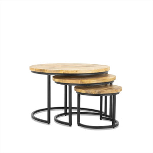 Salontafel set van 3 Rylee mangohout naturel met zwart frame, rond
