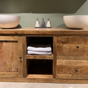 Badezimmerschrank Benoa Mangoholz 180 cm mit Tür und Schubladen