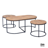 Set van 3 salontafels mangohout zwart metaal rond ovaal - Mooier Thuis