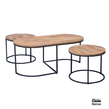 Set aus 3 Couchtischen Mangoholz schwarz Metall rund oval