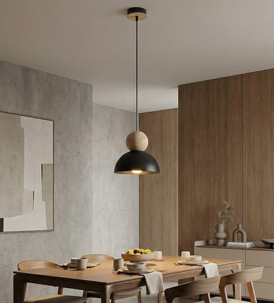 Kaki hanglamp hout 1-lichts zwart naturel klein