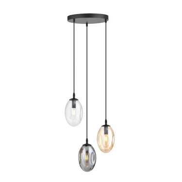 ASTRAL 3 BLACK PREMIUM MIX drie hanglampen met glazen kappen in grafiet, transparant en amber.