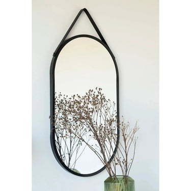 Trapani Ovaler Wandspiegel mit Stahlrahmen und Kunstlederbezug – schwarz, 35 × 60 cm