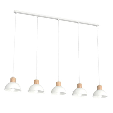 SECO 5-lichts hanglamp - Wit metaal houten accent
