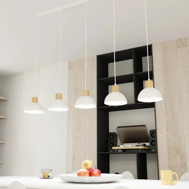 SECO 5-lichts hanglamp - Wit metaal houten accent