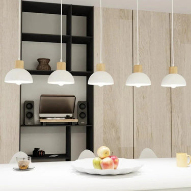 SECO 5-lichts hanglamp - Wit metaal houten accent