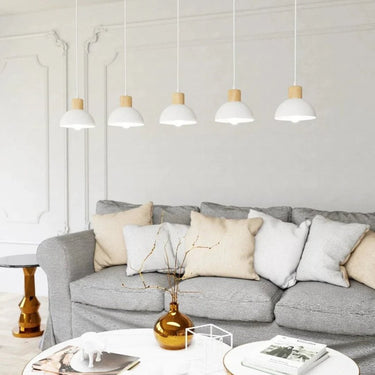 SECO 5-lichts hanglamp - Wit metaal houten accent