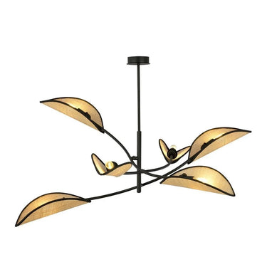 LOTUS 6-lichts hanglamp - Zwart frame rotan kappen