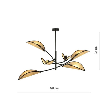 LOTUS 6-lichts hanglamp - Zwart frame rotan kappen