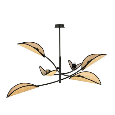 LOTUS 6-lichts hanglamp - Zwart frame rotan kappen
