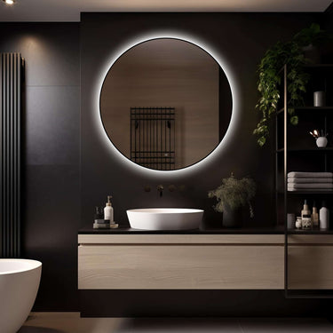 Badkamerspiegel Ilona 100×100 cm met zwarte lijst met dimbare LED en anticondens