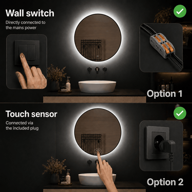 Badkamerspiegel Ilona 70×70 cm met zwarte lijst met dimbare LED en anticondens