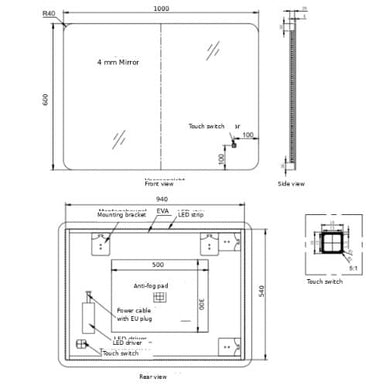 Badkamerspiegel Malaga 100×60 cm met dimbare LED en anticondens