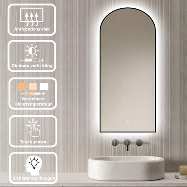 Badkamerspiegel Marrakech 45×100 cm met zwarte lijst met dimbare LED en anticondens