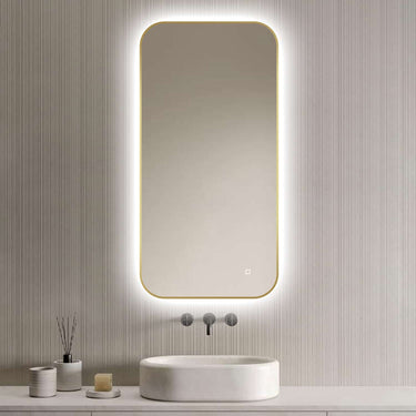 Badkamerspiegel Milano 50×100 cm met gouden lijst met dimbare LED en anticondens