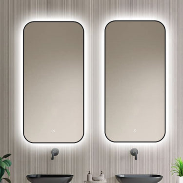 Badkamerspiegel Monaco 50×100 cm met zwarte lijst met dimbare LED en anticondens
