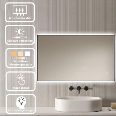 Badkamerspiegel Sorento 100×60 cm met zwarte lijst met dimbare LED en anticondens