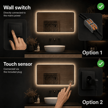 Badkamerspiegel Valencia 80×60 cm met zwarte lijst met dimbare LED en anticondens
