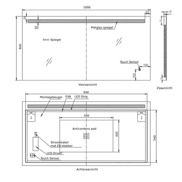 Badkamerspiegel Ambi 100×60 cm met dimbare LED en anticondens