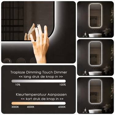 Badkamerspiegel Monaco 50×100 cm met zwarte lijst met dimbare LED en anticondens