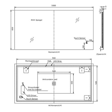 Badkamerspiegel Livorno 100×60 cm met dimbare LED en anticondens