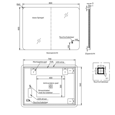 Badkamerspiegel Marbella 80×60 cm met gouden lijst met dimbare LED en anticondens