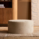 MySofa ronde poef 80 cm in beige ribstof op een vloerkleed voor een houten kast