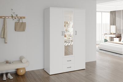 Kledingkast Marc Wit - 120 cm 3 Deuren met Spiegel en Lades