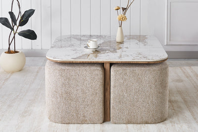 Salontafel Evora - 80 cm met 4 Poefs en Steenlook Blad