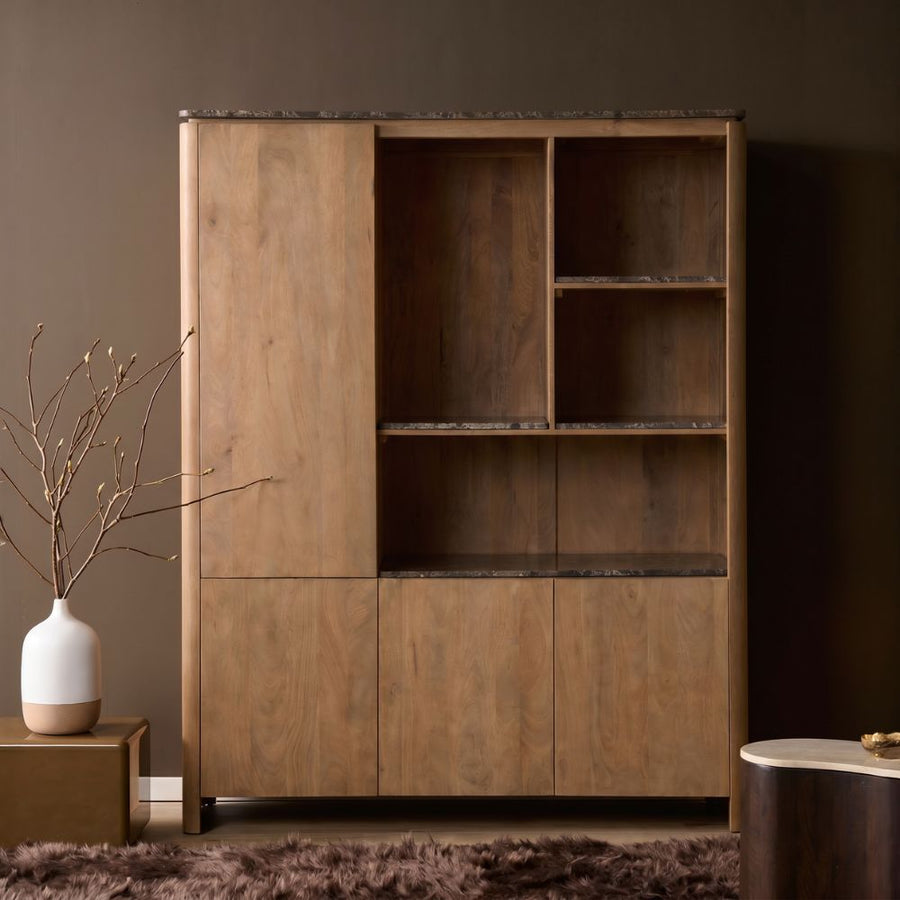 Regal Dallas XL - Mangoholz Natur 160 cm – Met bruin marmer