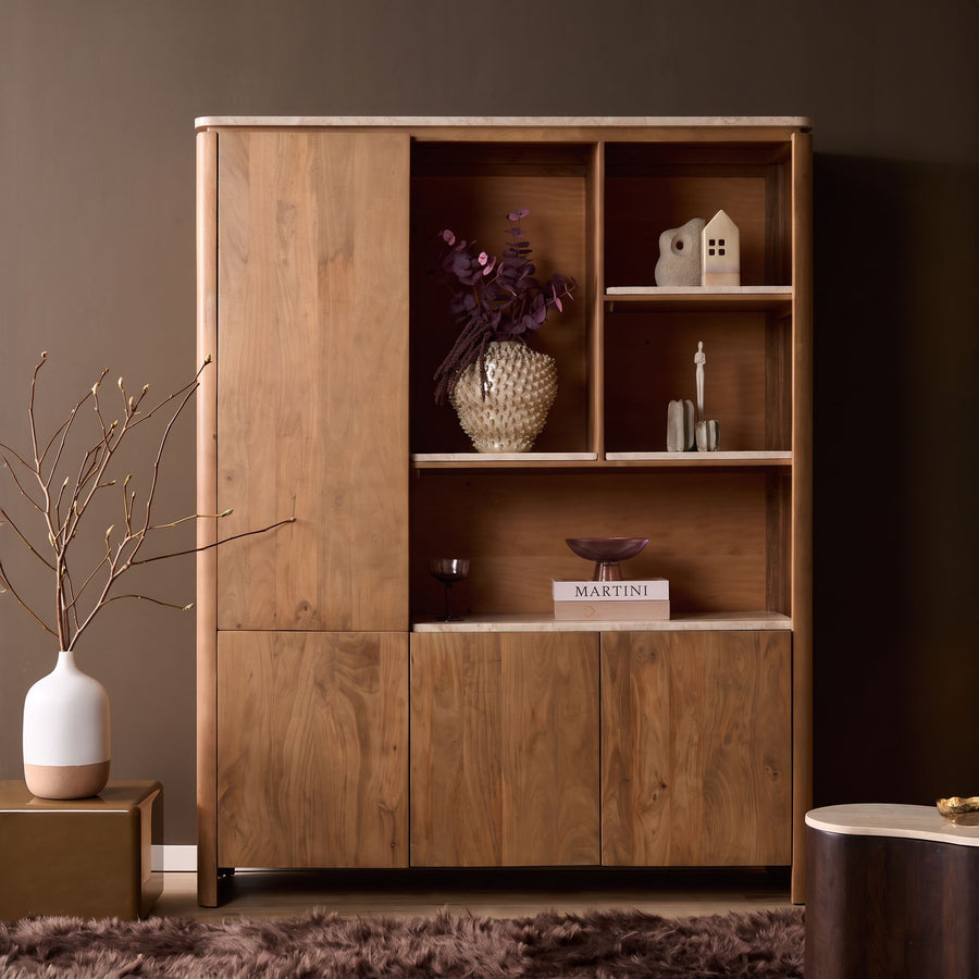 Regal Dallas XL - Mangoholz Natur 160 cm – Met beige marmer