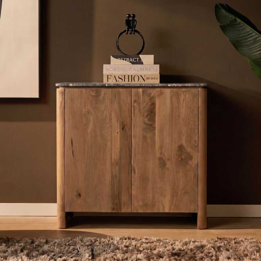 Sideboard Dallas - Mangoholz natur 100 cm – Met bruin marmer