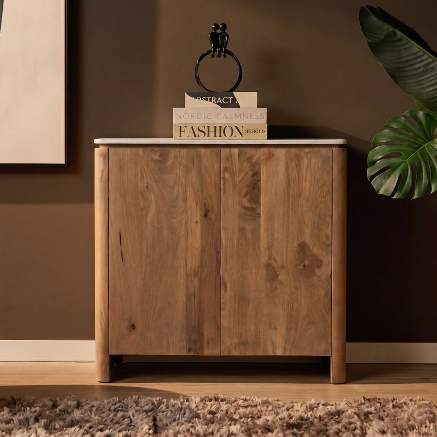 Sideboard Dallas - Mangoholz natur 100 cm – Met beige marmer