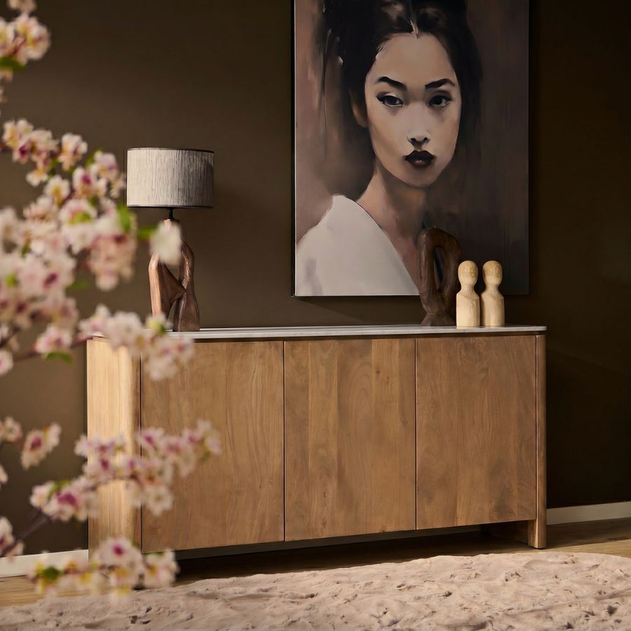 Sideboard Dallas - Mangoholz natur 165 cm – Met beige marmer