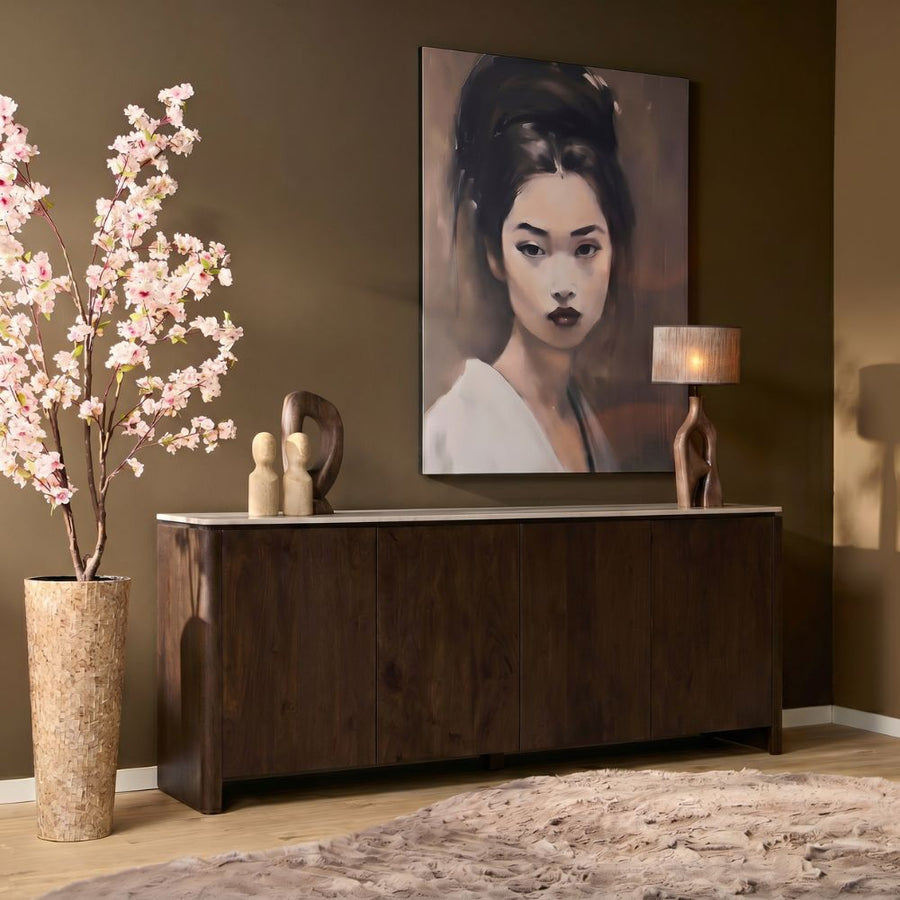 Sideboard Dallas - Mango massiv braun 210 cm – Met beige marmer