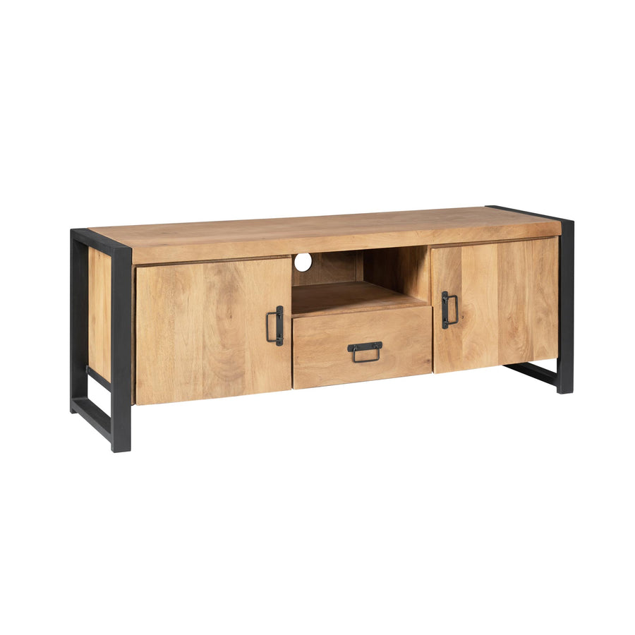 Tv-meubel Britt naturel met deuren – Zwart metalen frame in sledevorm