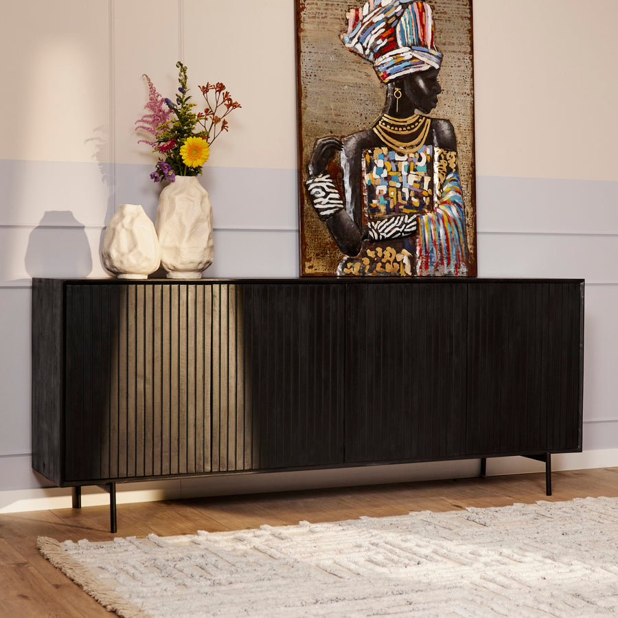 Highboard Madison Schwarz – Lattenfront in zwart mangohout
