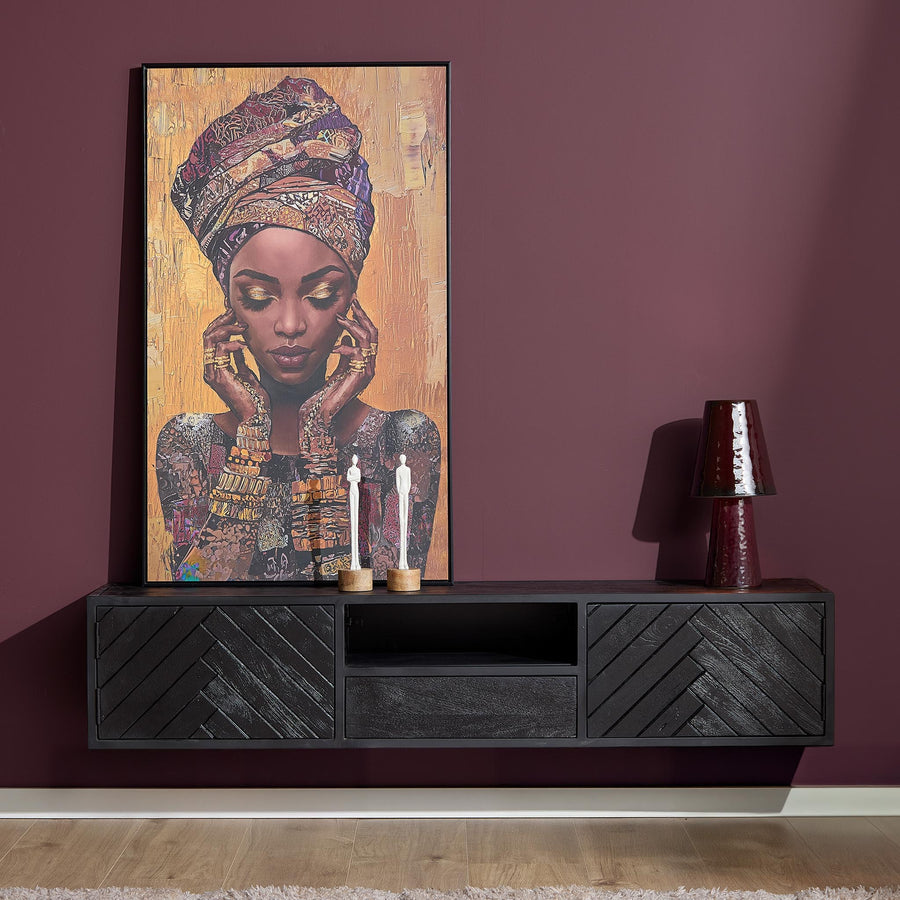 Floating TV Unit New York Black – Zwevend met visgraatdeuren