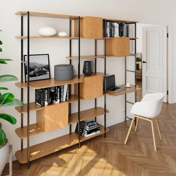 Offener Schrank mit 2 Schreibtischen und 4 Aufbewahrungsschränken, Eiche/Schwarz