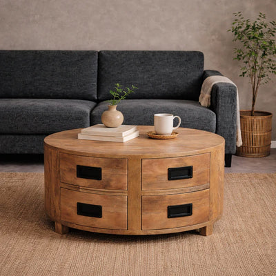 Salontafel Novelle rond mangohout met 4 lades 80 cm