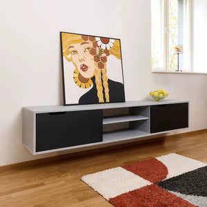 Schwebendes TV-Möbel, grau mit schwarzen Schiebetüren – 200 cm