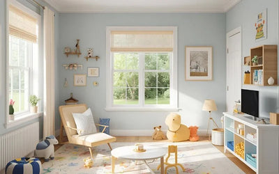 Kinderkamer met bed en opbergkast.